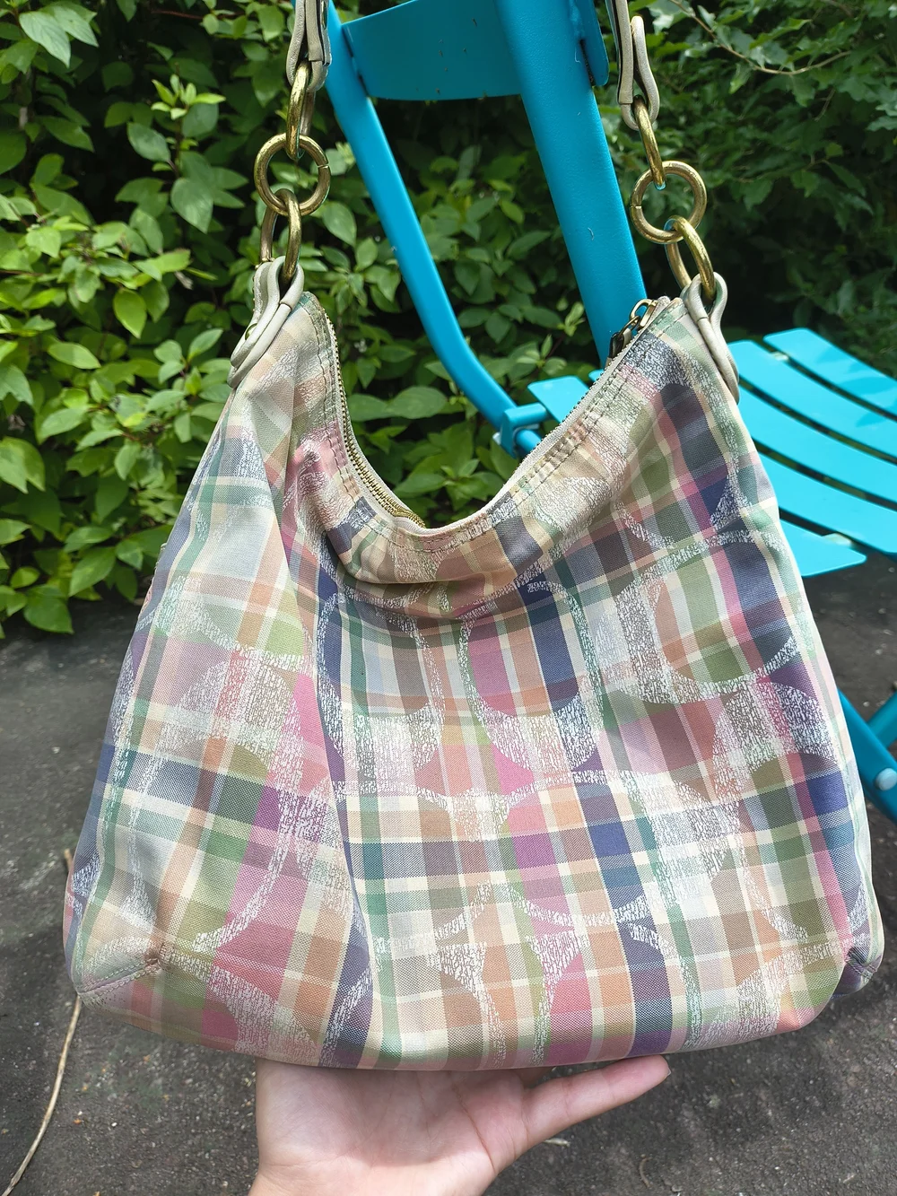 Coach Poppy Daisy Signature Coach Pastel Plaid Canvas Shoulder Bag with Gold Tag